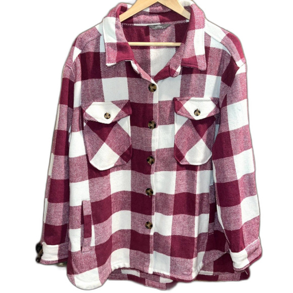 Plaid Flannel Shacket Pink White Cozy Winter Layering Coat Button Up women's 2XL - Picture 1 of 8